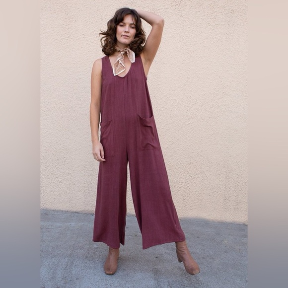 Burgundy Rachel Pally Linen Blend Jumpsuit - Picture 1 of 3